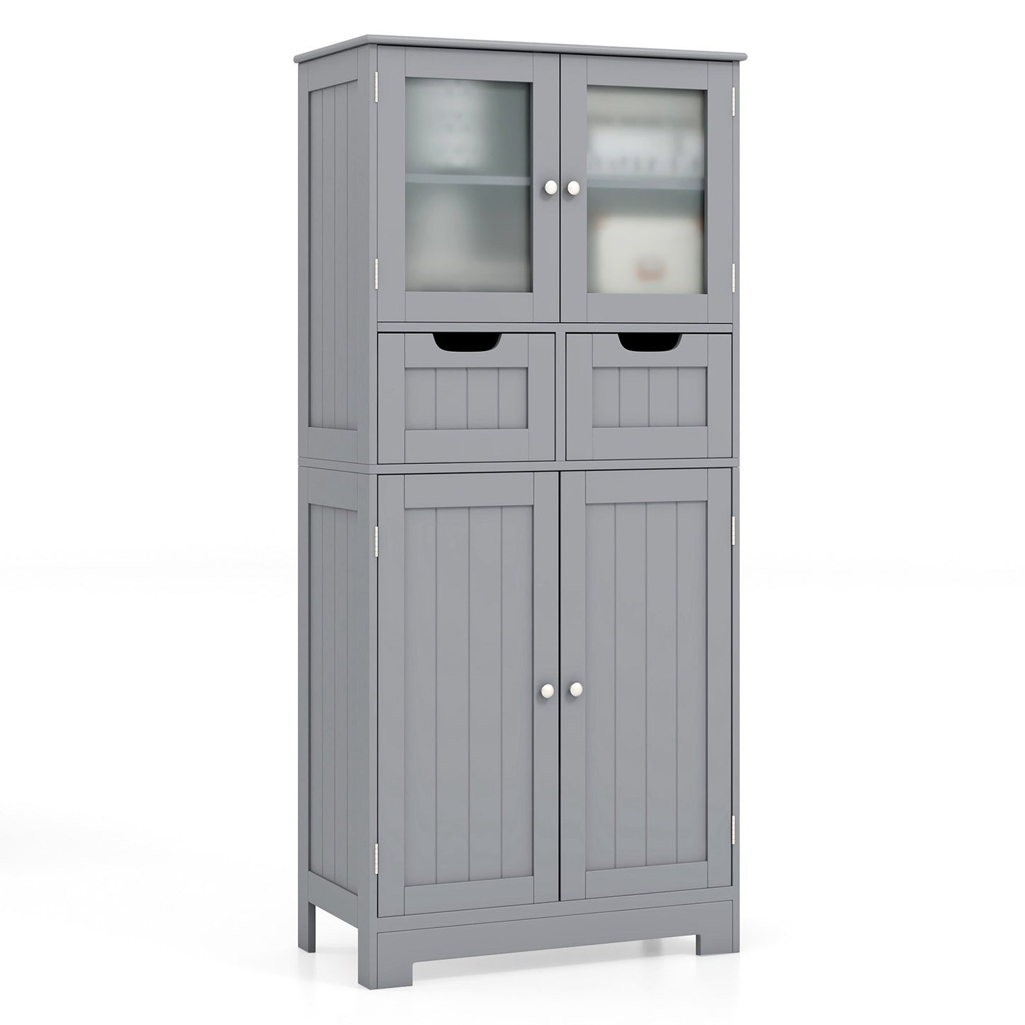 4 Door Freestanding Bathroom Floor Storage Cabinet with 2 Drawers and Glass Doors-Black