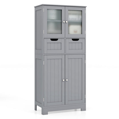 4 Door Freestanding Bathroom Floor Storage Cabinet with 2 Drawers and Glass Doors-Black