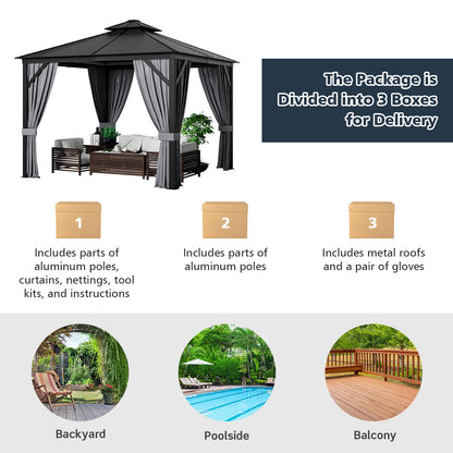 10 x 10 Feet Double-Top Hardtop Gazebo with Galvanized Steel Roof-Gray