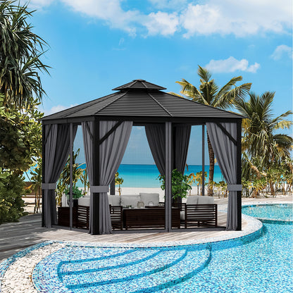 10 x 10 Feet Double-Top Hardtop Gazebo with Galvanized Steel Roof-Gray