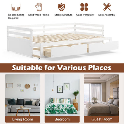 Extendable Twin to King Daybed with Trundle and 2 Storage Drawers-White