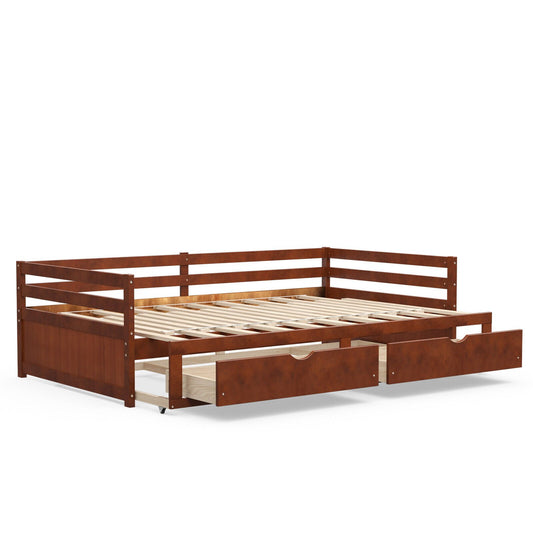 Extendable Twin to King Daybed with Trundle and 2 Storage Drawers-Brown