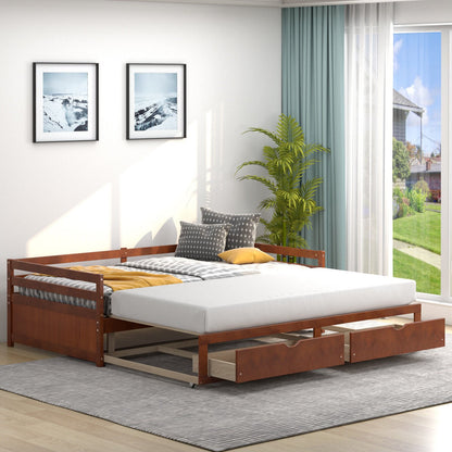 Extendable Twin to King Daybed with Trundle and 2 Storage Drawers-Brown