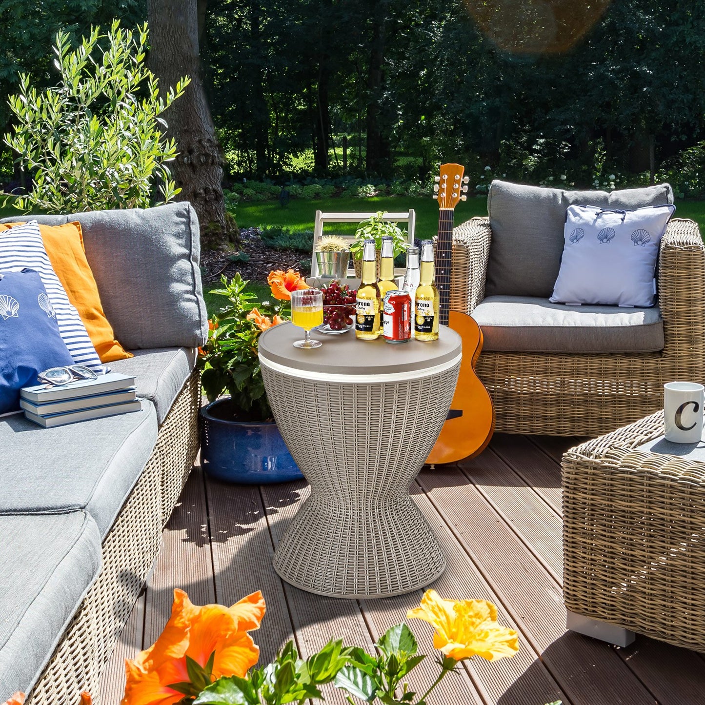 3 in 1 8 Gallon Patio Rattan Cooler Bar Table with Adjust Ice Bucket-Black