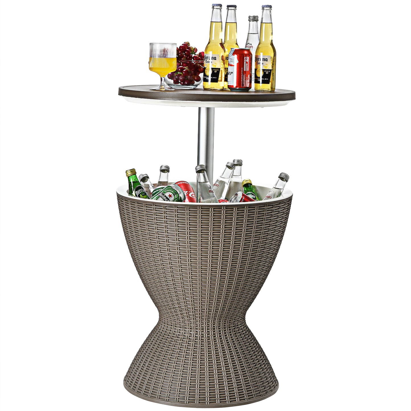 3 in 1 8 Gallon Patio Rattan Cooler Bar Table with Adjust Ice Bucket-Brown