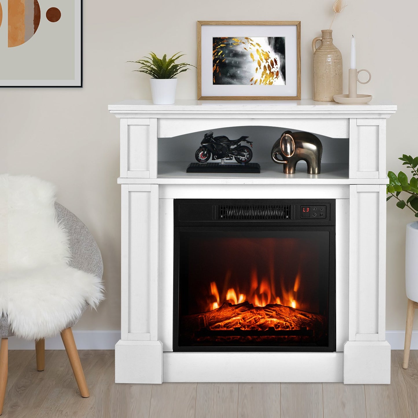 32 Inch 1400W Electric TV Stand Fireplace with Shelf-White