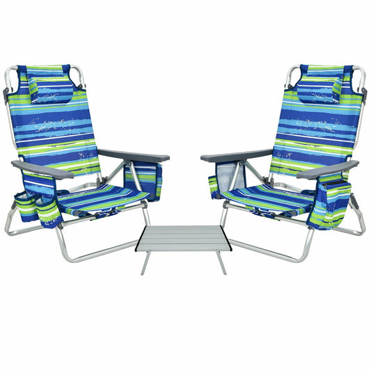 2 Packs 5-Position Outdoor Folding Backpack Beach Table Chair Reclining Chair Set-Blue