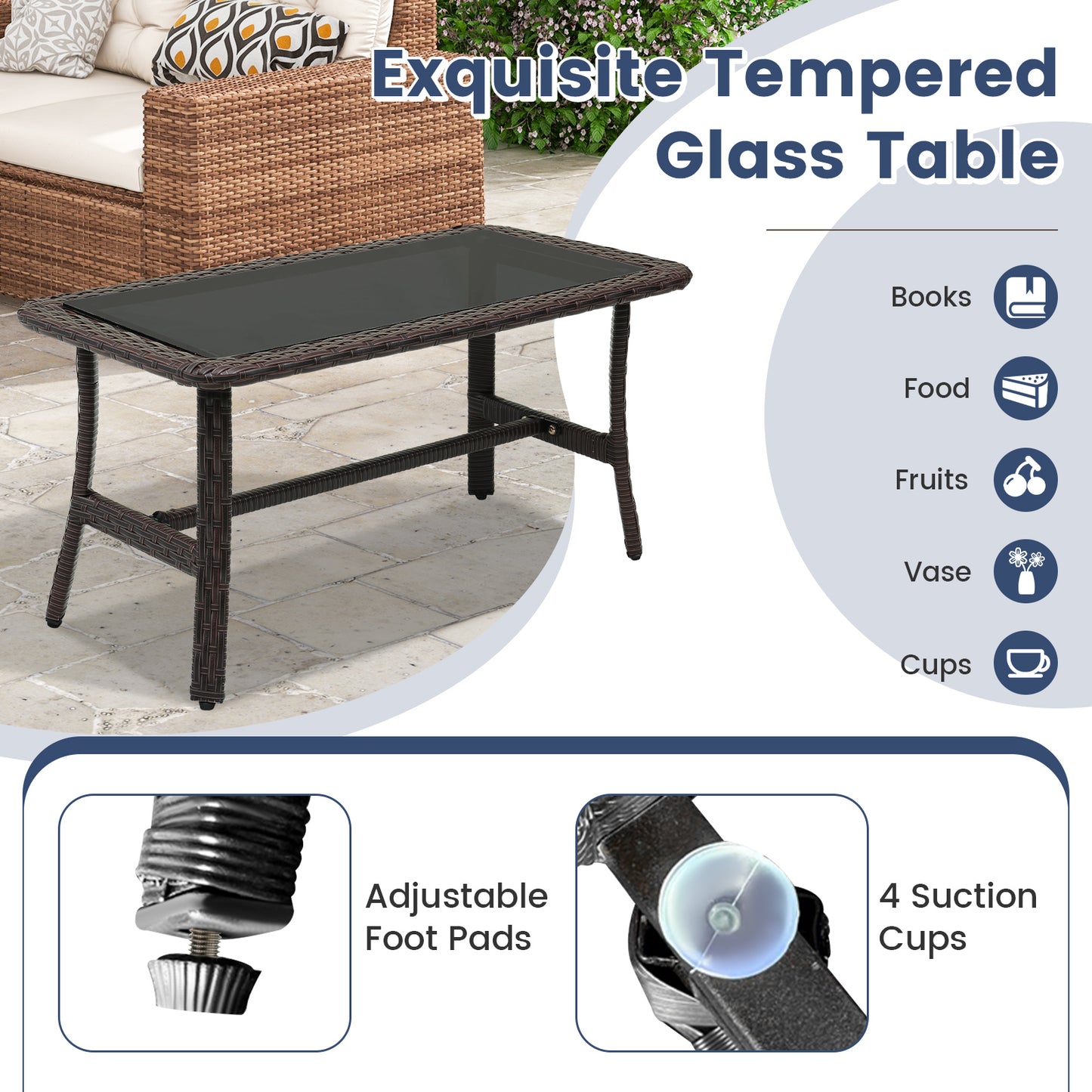 4 Pieces Outdoor Rattan Conversation Set with Tempered Glass Coffee Table-Navy
