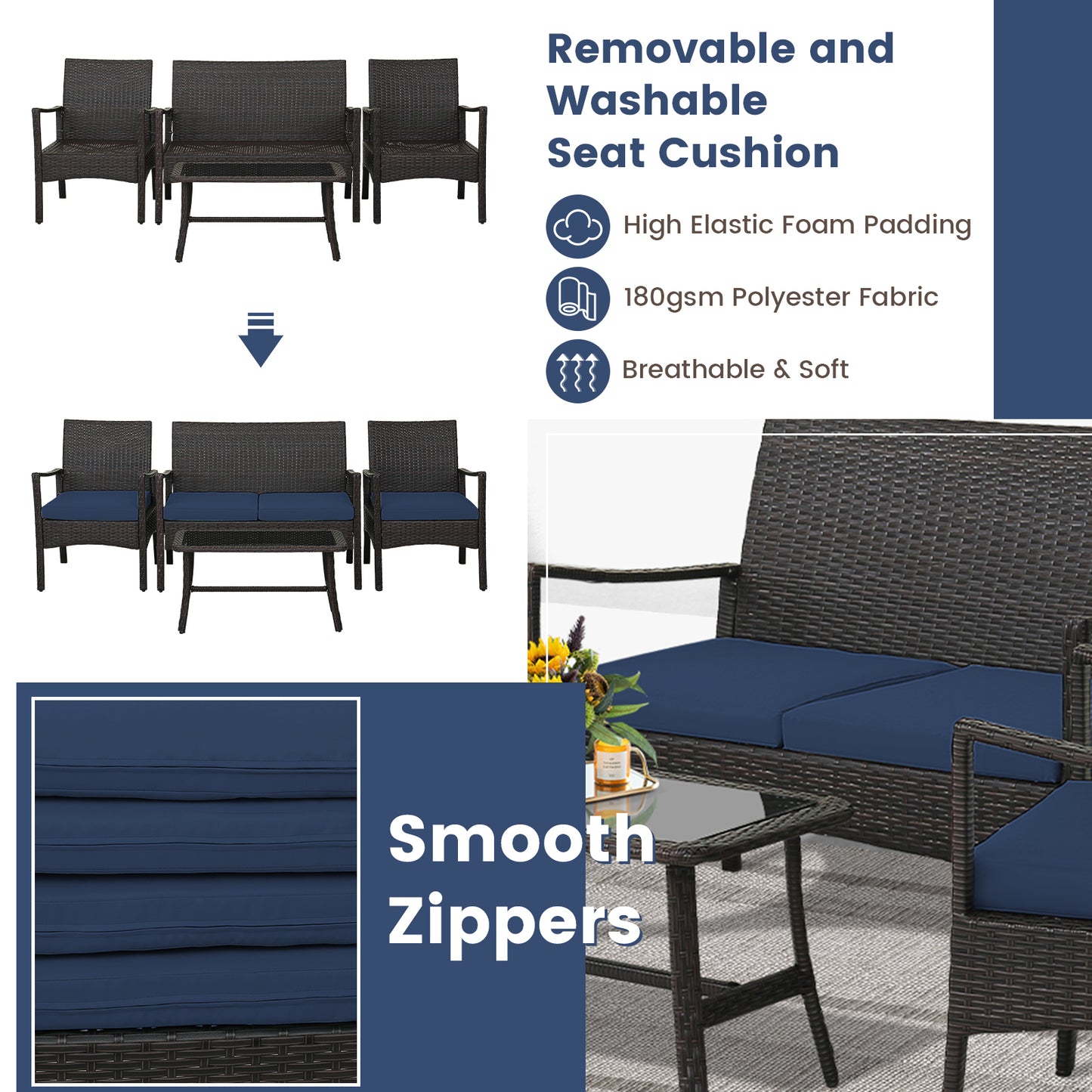 4 Pieces Outdoor Rattan Conversation Set with Tempered Glass Coffee Table-Navy