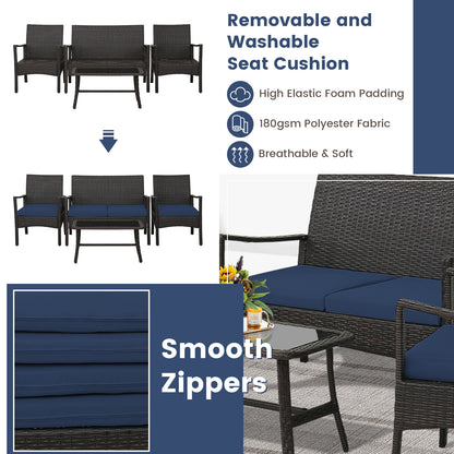 4 Pieces Outdoor Rattan Conversation Set with Tempered Glass Coffee Table-Navy