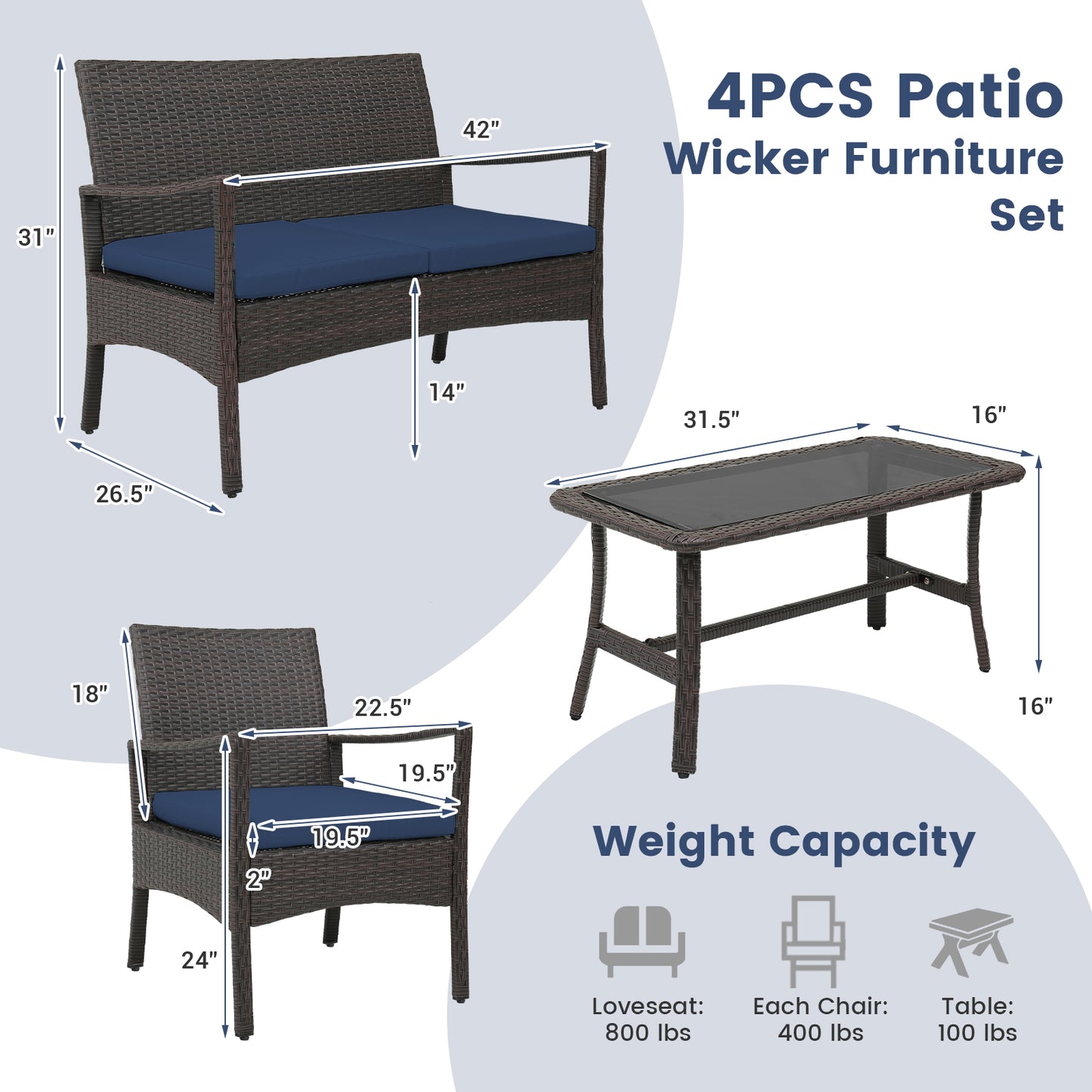 4 Pieces Outdoor Rattan Conversation Set with Tempered Glass Coffee Table-Navy