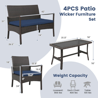 4 Pieces Outdoor Rattan Conversation Set with Tempered Glass Coffee Table-Navy
