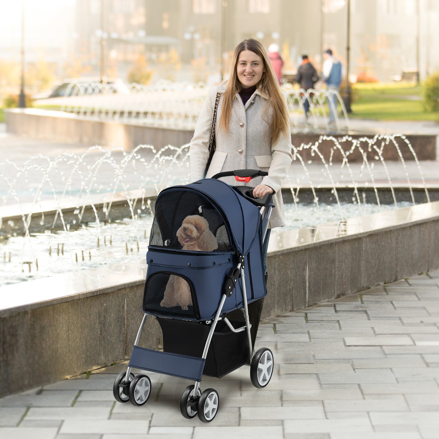 Foldable 4-Wheel Pet Stroller with Storage Basket-Navy