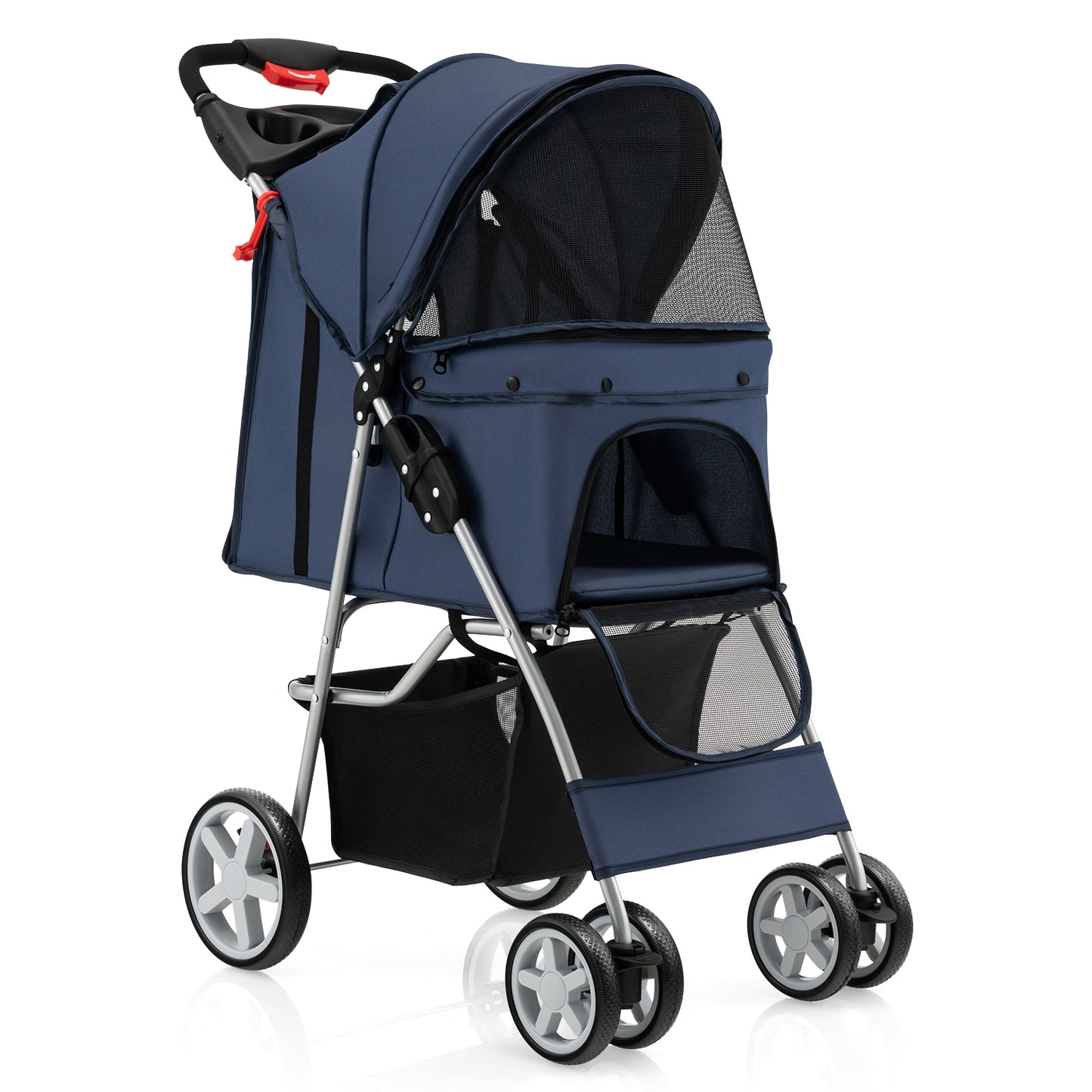 Foldable 4-Wheel Pet Stroller with Storage Basket-Navy