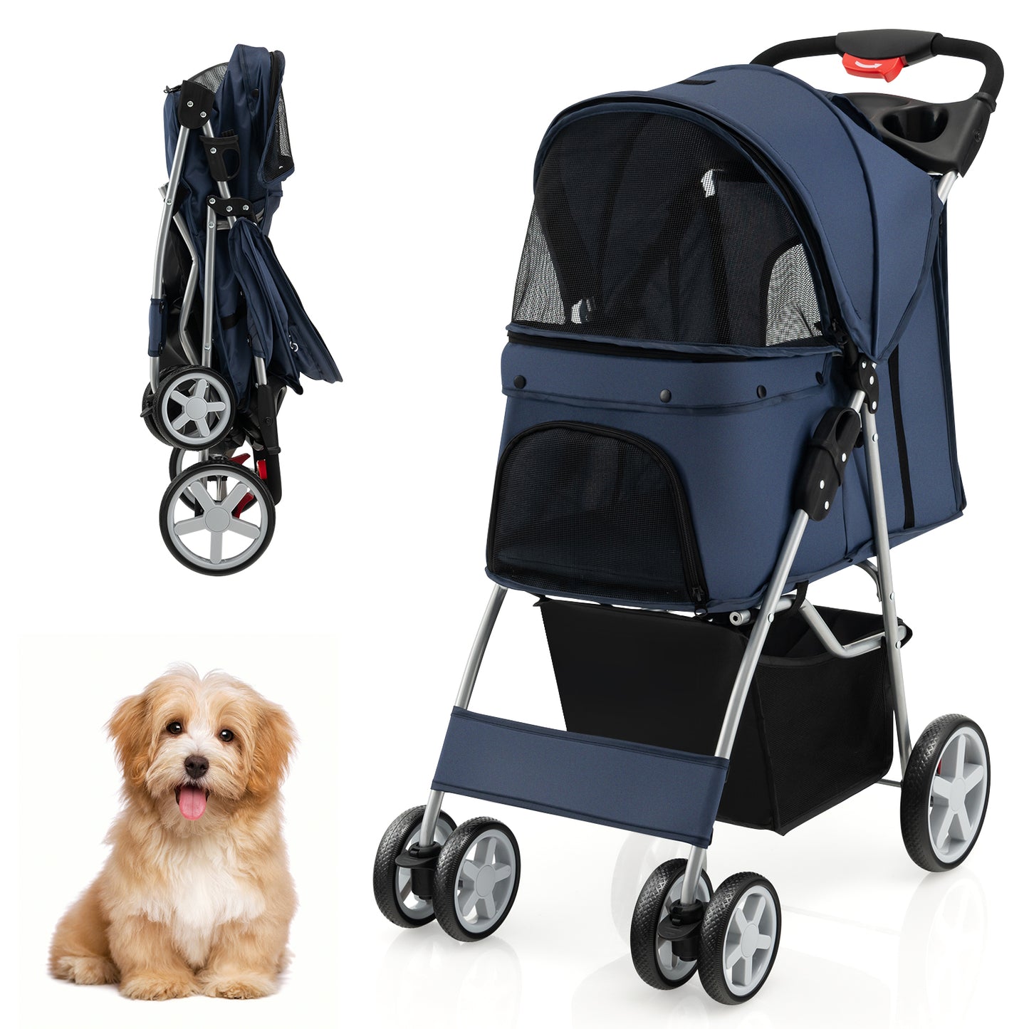 Foldable 4-Wheel Pet Stroller with Storage Basket-Navy