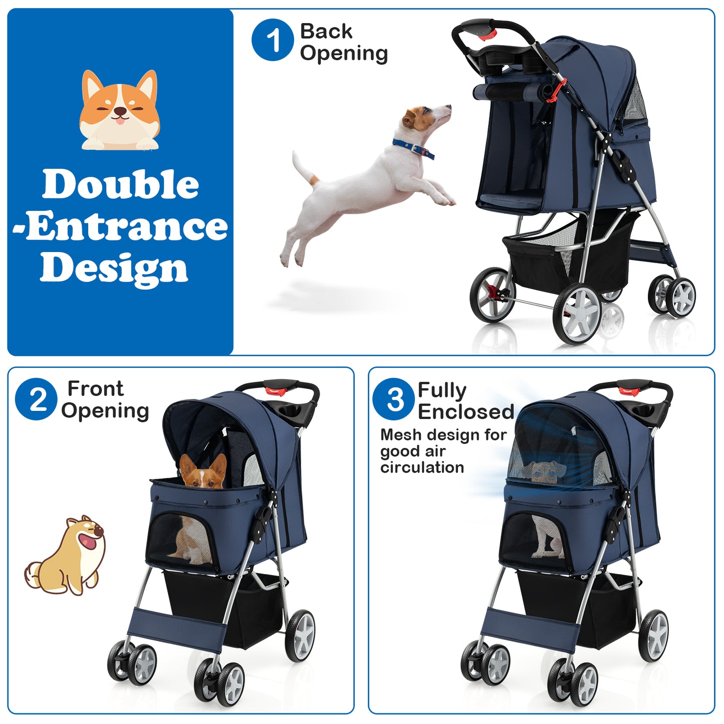 Foldable 4-Wheel Pet Stroller with Storage Basket-Navy