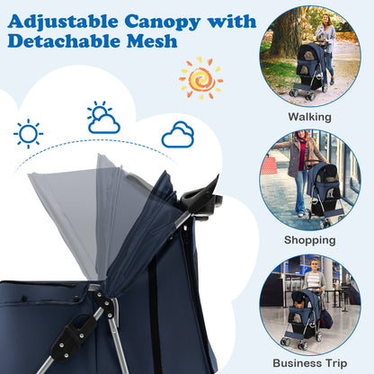 Foldable 4-Wheel Pet Stroller with Storage Basket-Navy