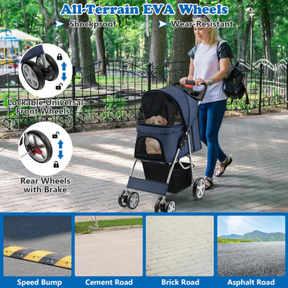 Foldable 4-Wheel Pet Stroller with Storage Basket-Navy