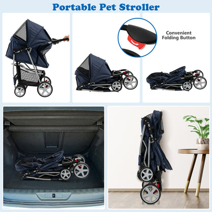Foldable 4-Wheel Pet Stroller with Storage Basket-Navy