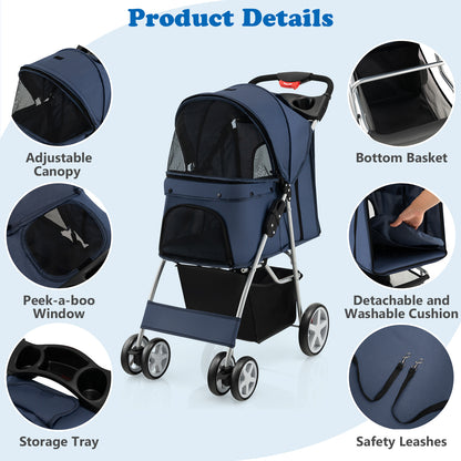 Foldable 4-Wheel Pet Stroller with Storage Basket-Navy