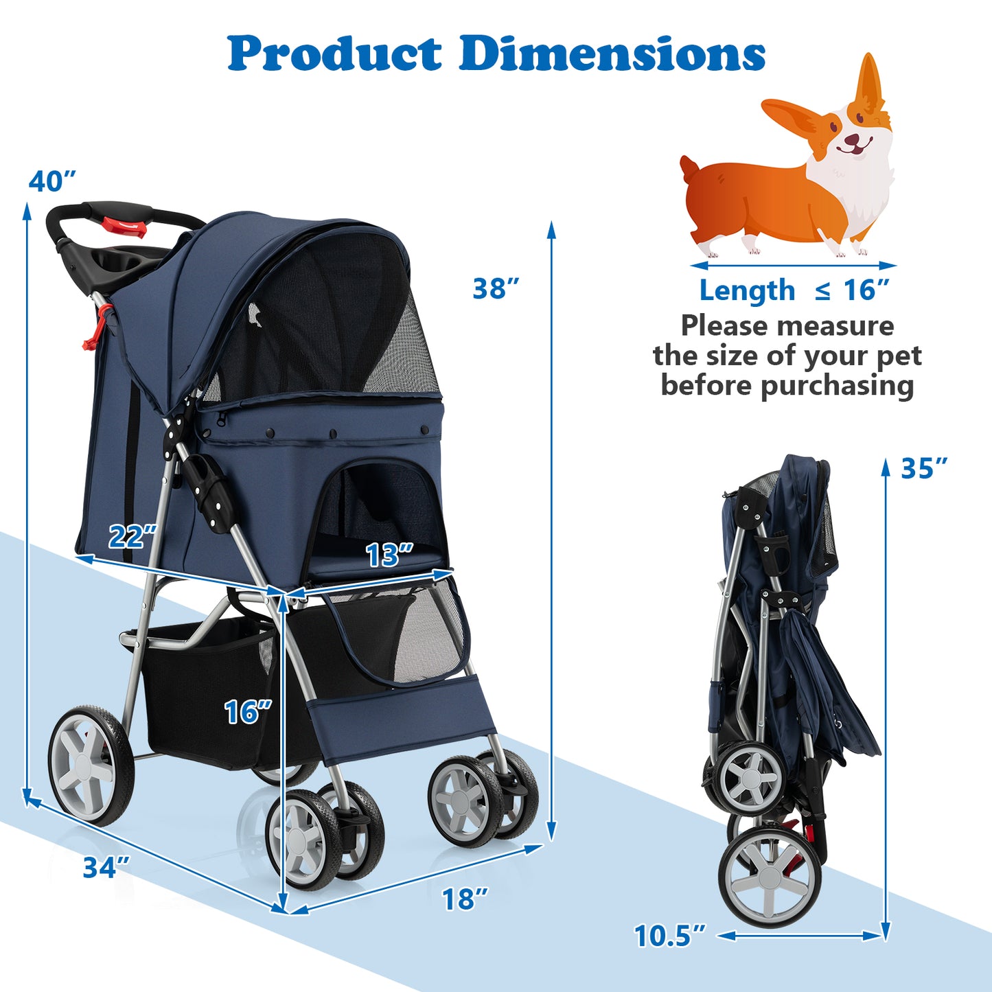 Foldable 4-Wheel Pet Stroller with Storage Basket-Navy