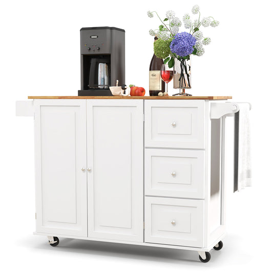 Kitchen Island Trolley Cart Wood with Drop Leaf Tabletop and Storage Cabinet-White