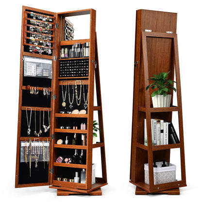 360° Rotatable Armoire 2-in-1 Lockable Mirrored Jewelry Cabinet-Brown