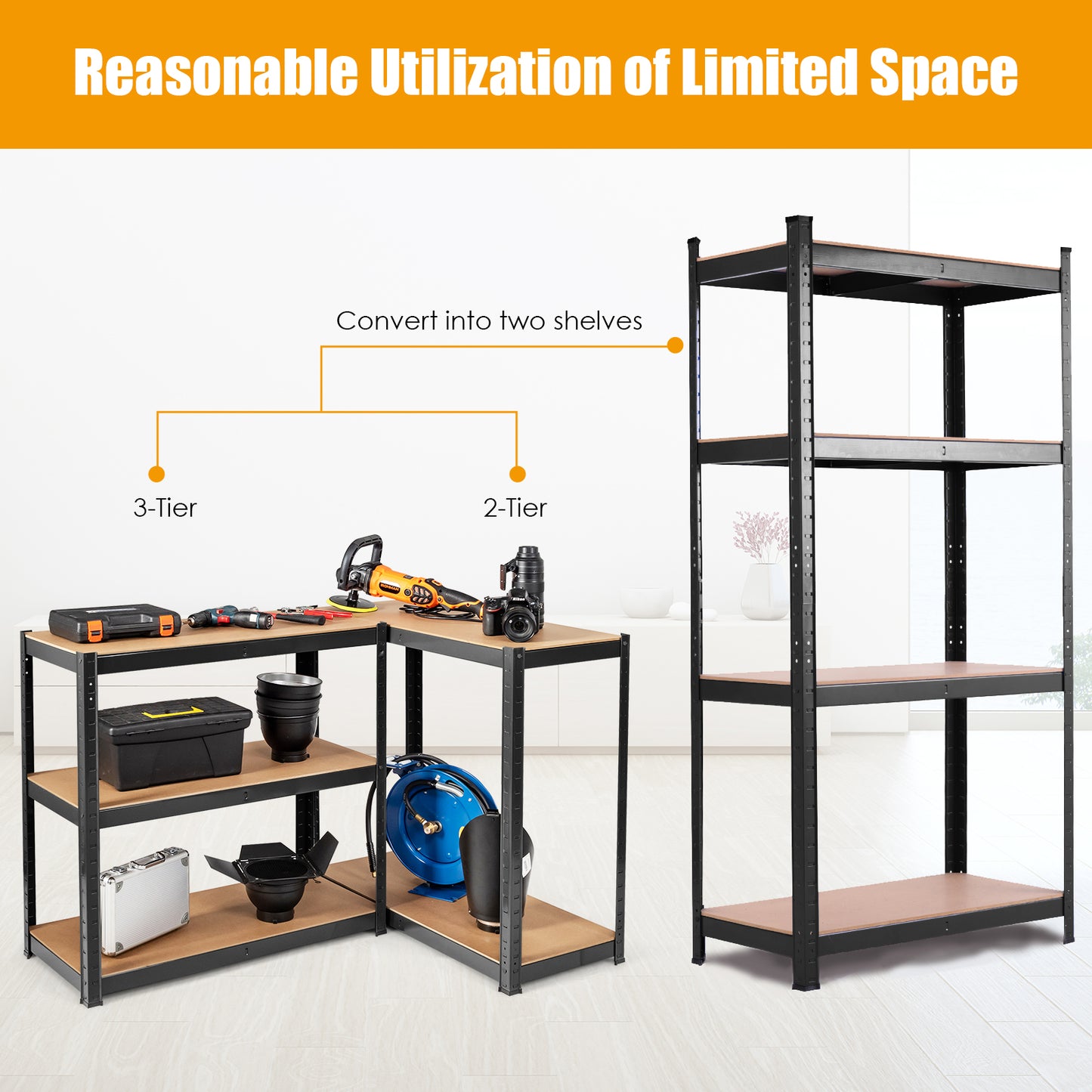 Adjustable Heavy Duty 4 Level Garage Tool Shelf Storage-Black