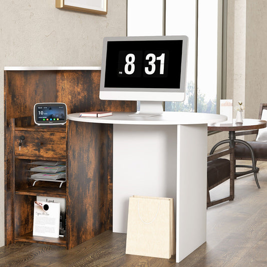 Front Reception Office Desk with Open Shelf and Lockable Drawer-Rustic Brown