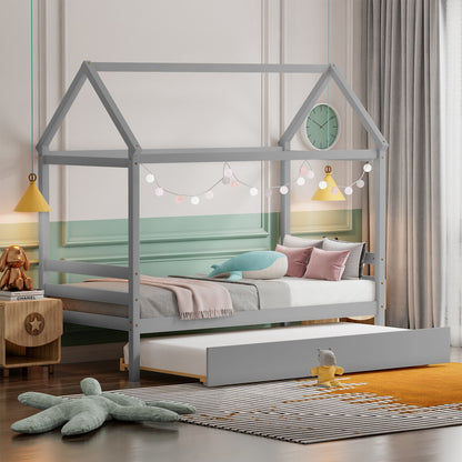 Kids Platform Bed Frame with Roof for Bedroom-Gray