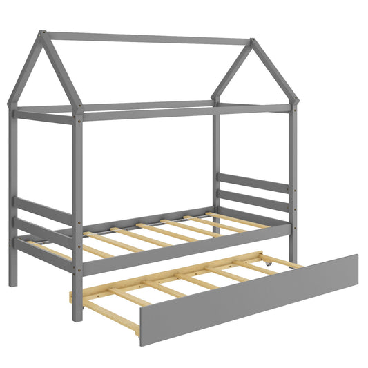 Kids Platform Bed Frame with Roof for Bedroom-Gray