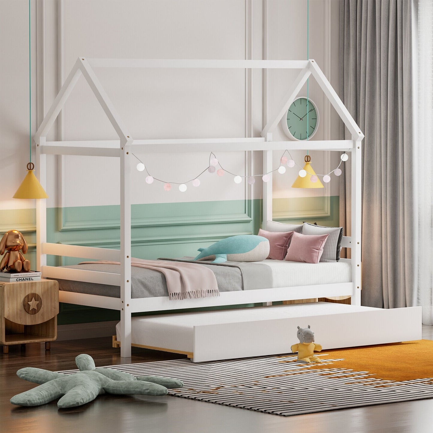 Kids Platform Bed Frame with Roof for Bedroom-Gray