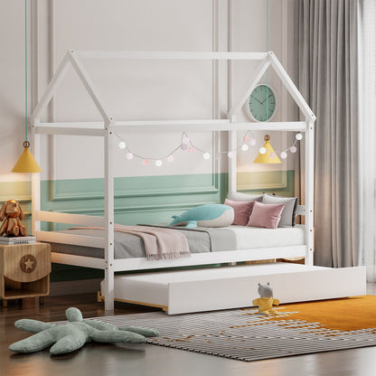 Kids Platform Bed Frame with Roof for Bedroom-Gray