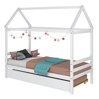 Kids Platform Bed Frame with Roof for Bedroom-White