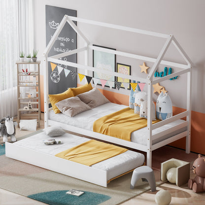 Kids Platform Bed Frame with Roof for Bedroom-White