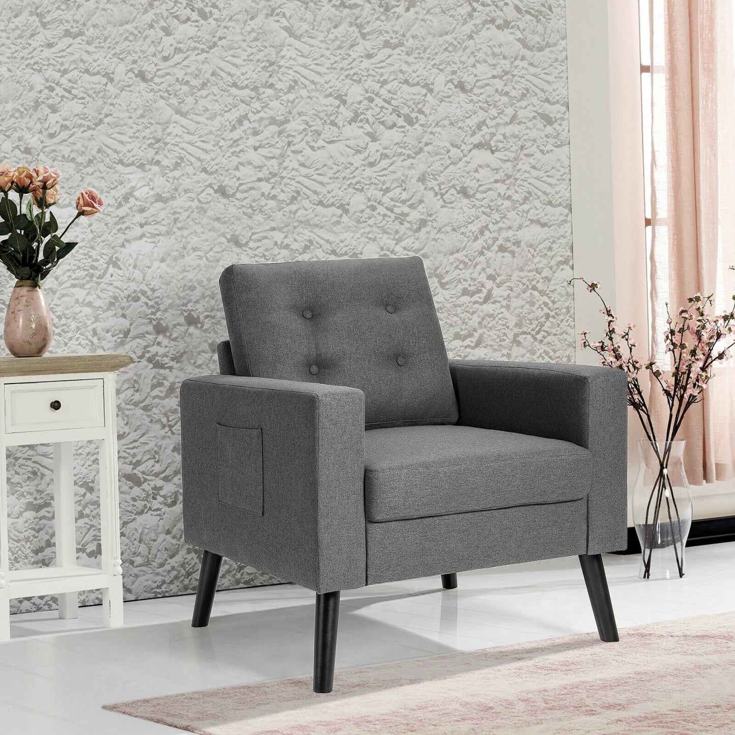 Mid-Century Upholstered Armchair Club Chair with Rubber Wood Legs-Beige