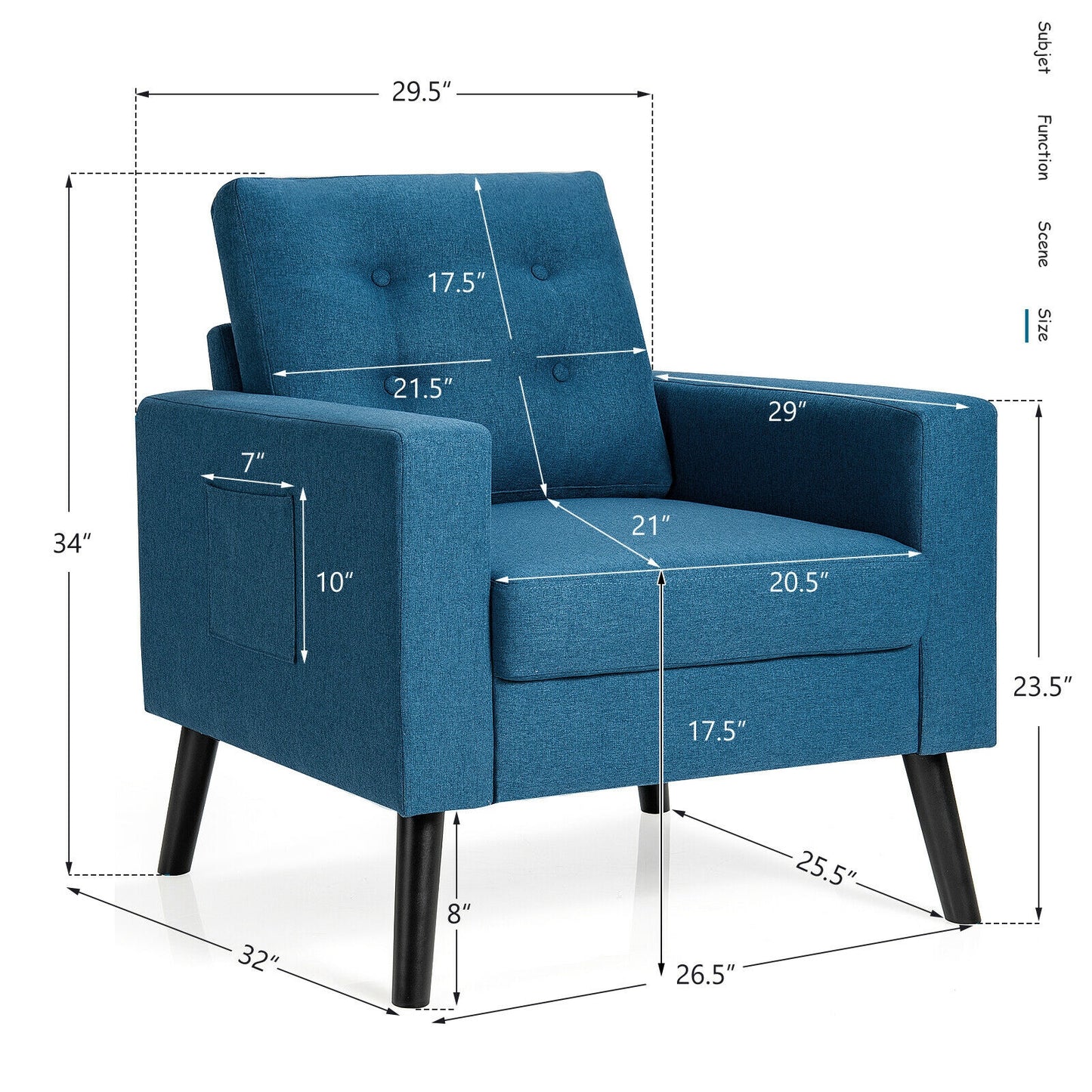 Modern Tufted Accent Chair w/ Rubber Wood Legs-Blue