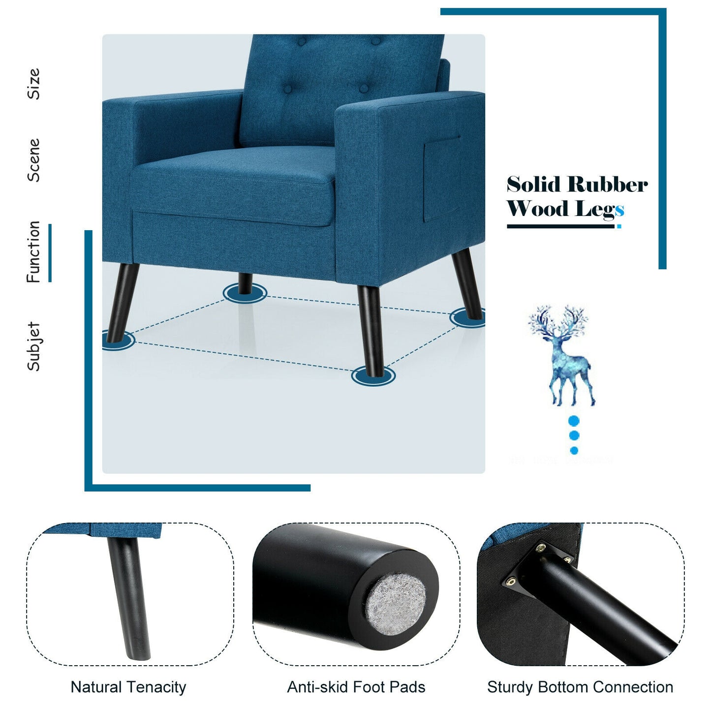 Modern Tufted Accent Chair w/ Rubber Wood Legs-Blue