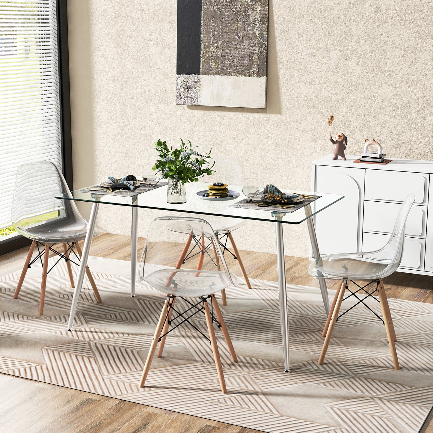 Modern Glass Rectangular Dining Table with Metal Legs-Black