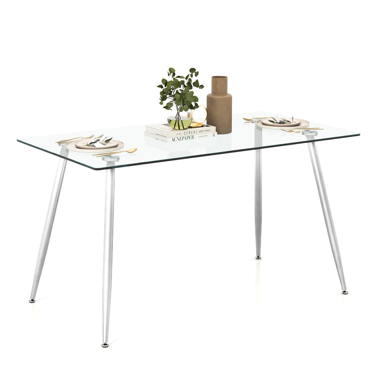 Modern Glass Rectangular Dining Table with Metal Legs-Black