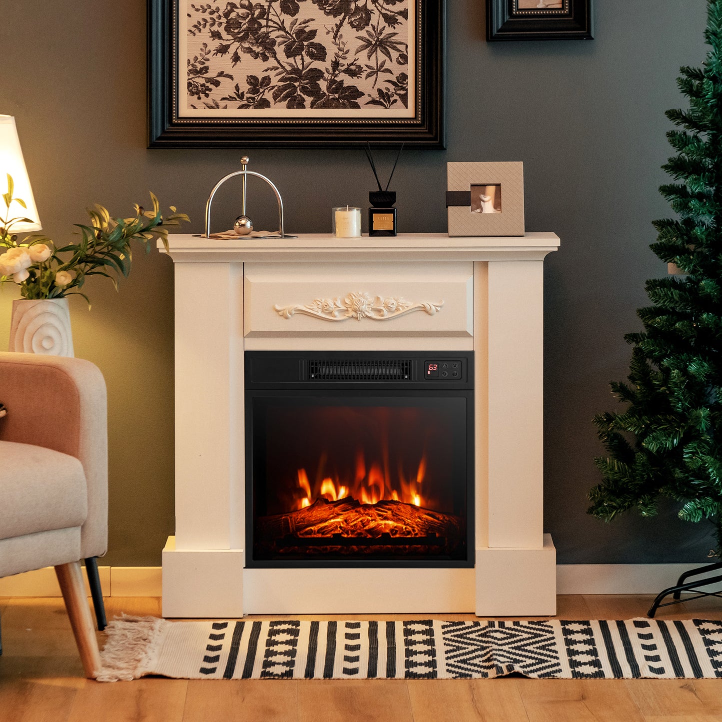 1400W TV Stand Electric Fireplace Mantel with Remote Control-White