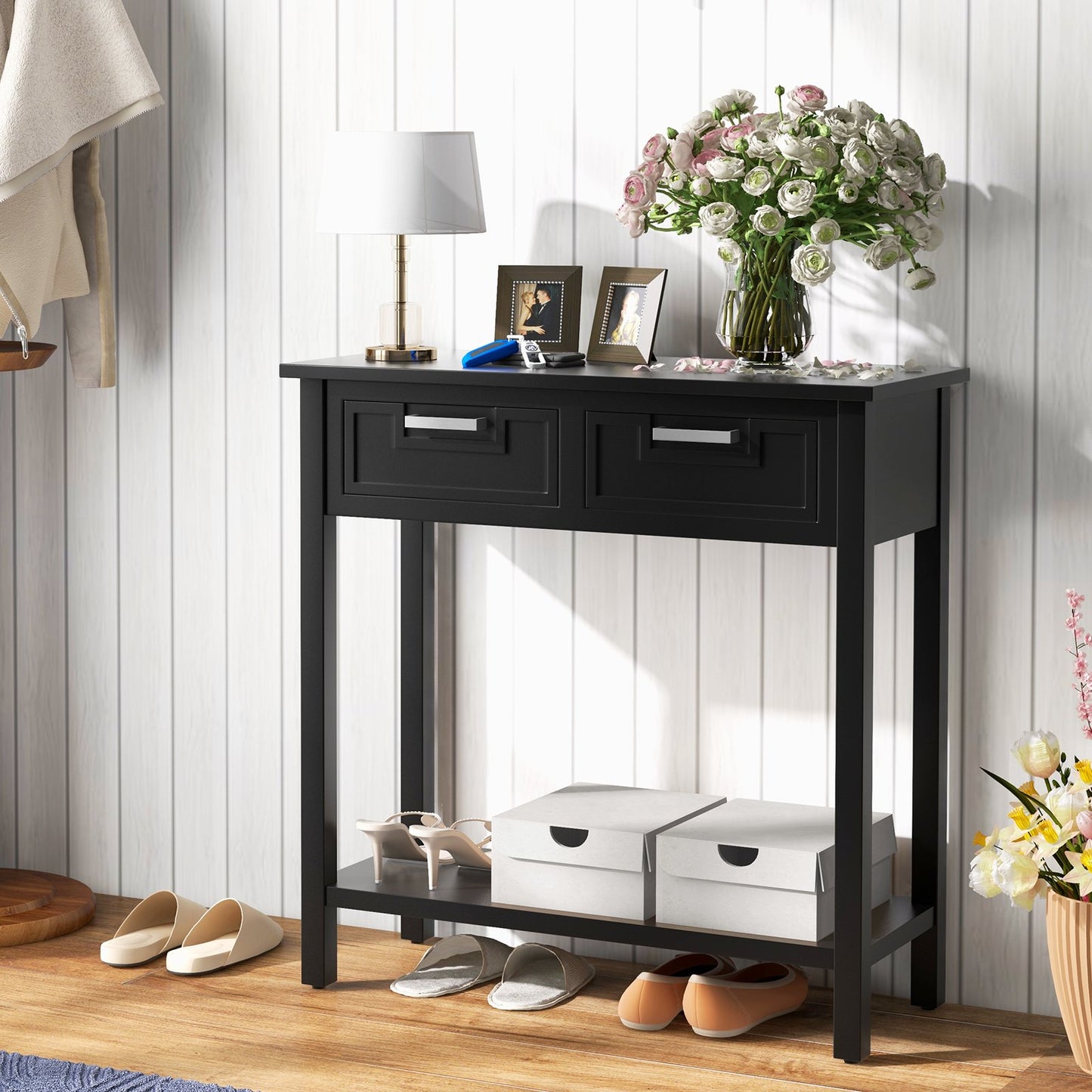 Narrow Console Table with Drawers and Open Storage Shelf-Black