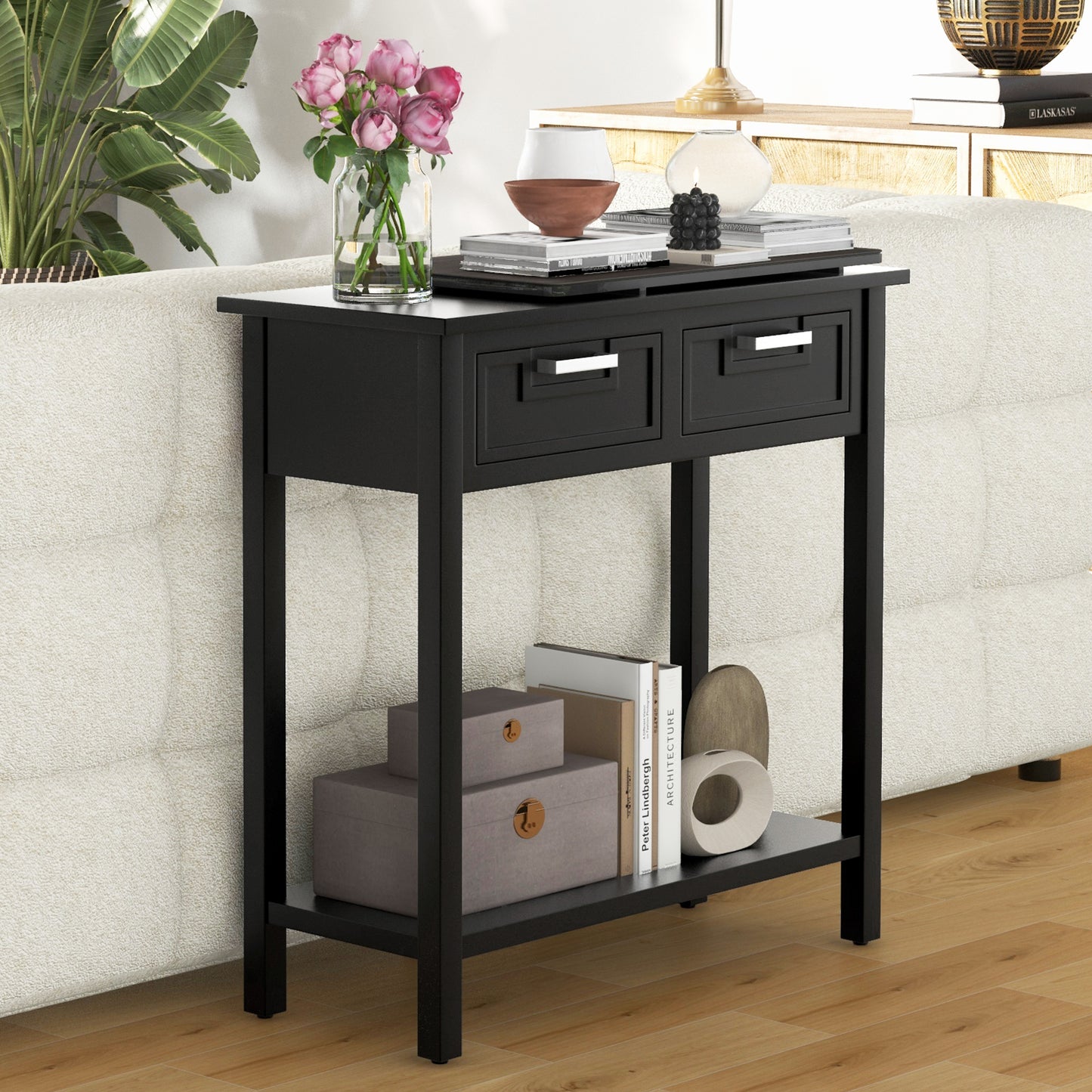 Narrow Console Table with Drawers and Open Storage Shelf-Black