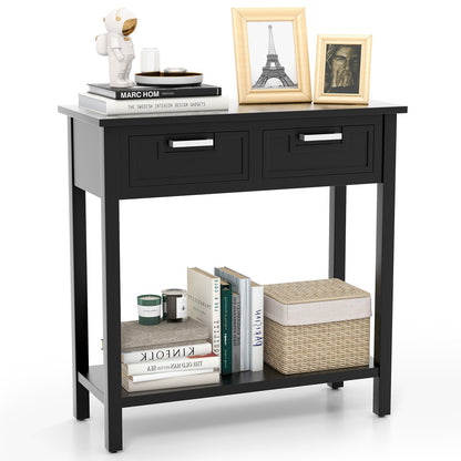 Narrow Console Table with Drawers and Open Storage Shelf-Black