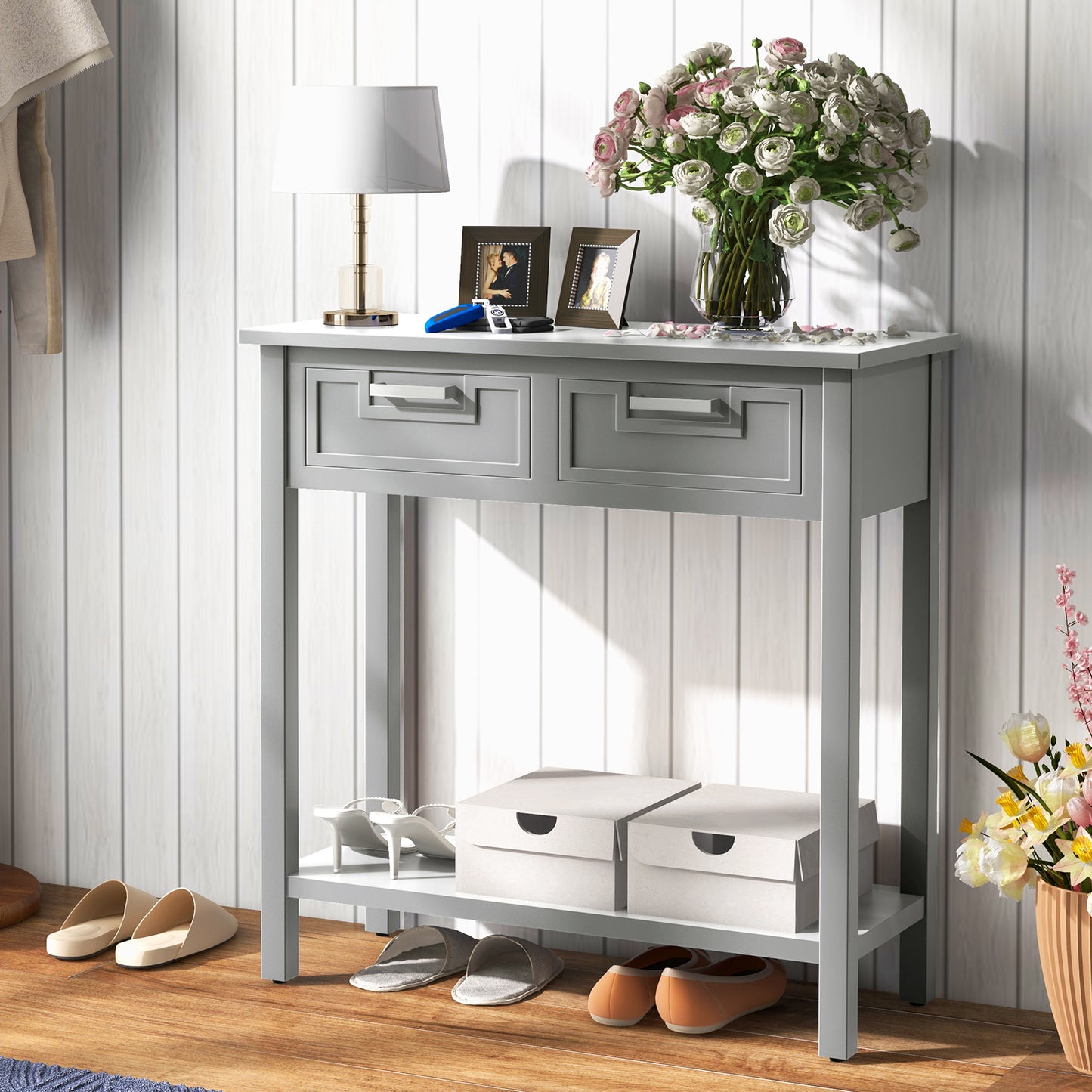 Narrow Console Table with Drawers and Open Storage Shelf-Gray