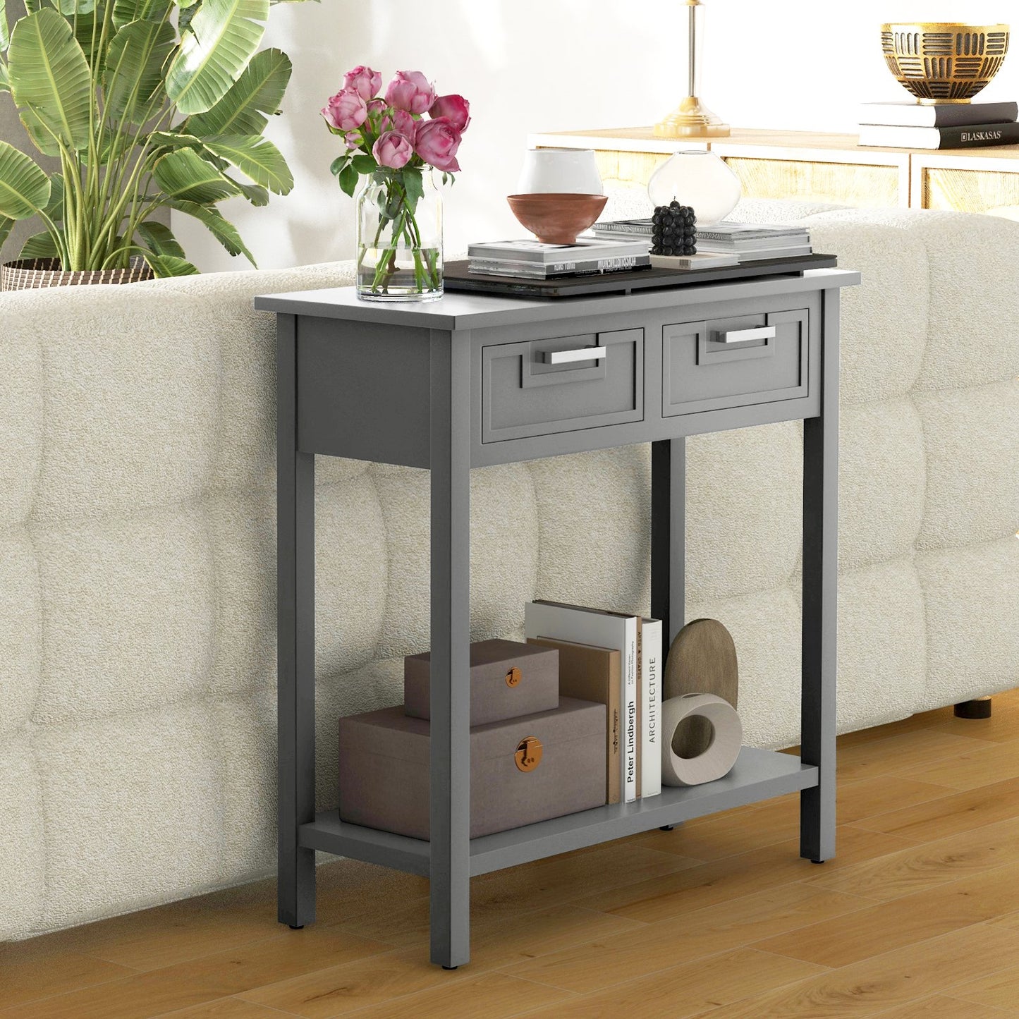 Narrow Console Table with Drawers and Open Storage Shelf-Gray