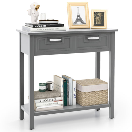 Narrow Console Table with Drawers and Open Storage Shelf-Gray