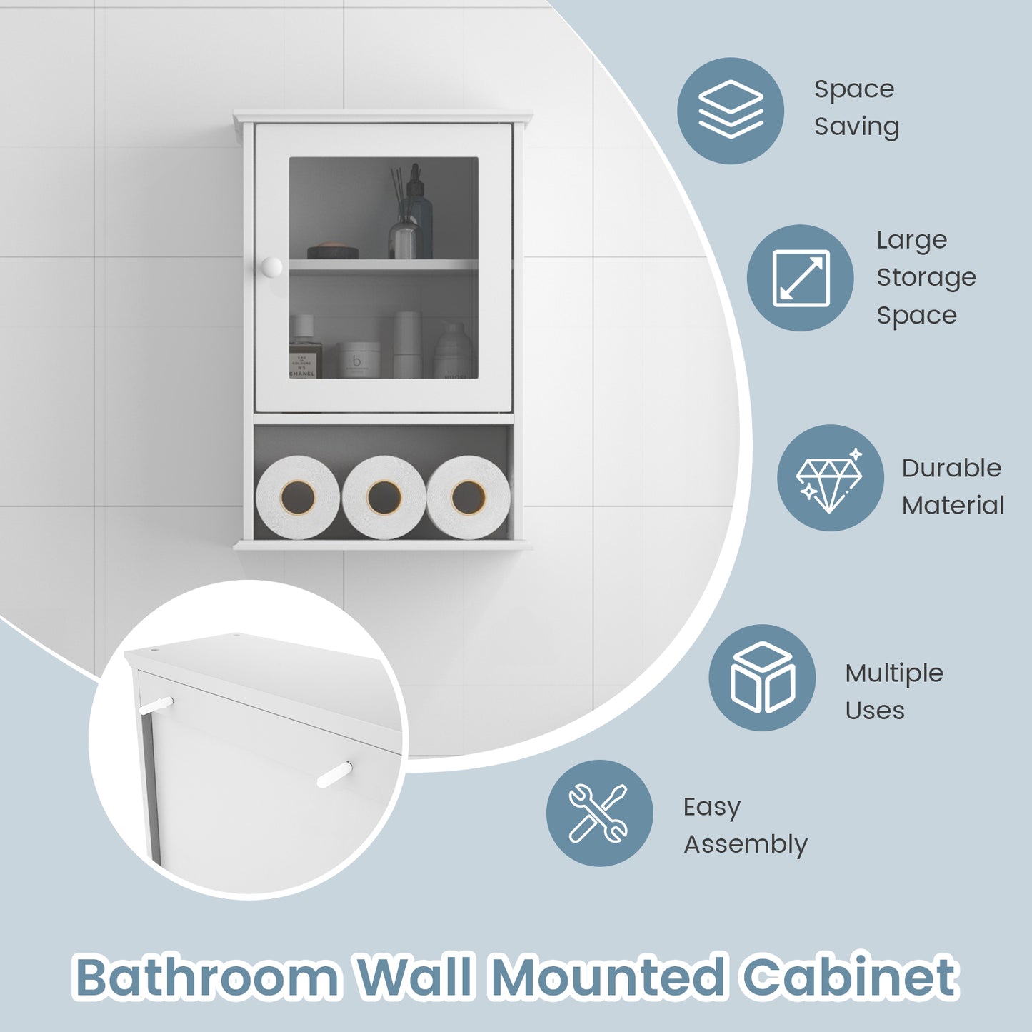 Bathroom Wall Mounted Adjustable Hanging Storage Medicine Cabinet-White