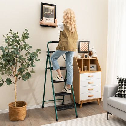 Folding 4-Step Ladder with Tool Tray Non-Slip Footpads and Pedals