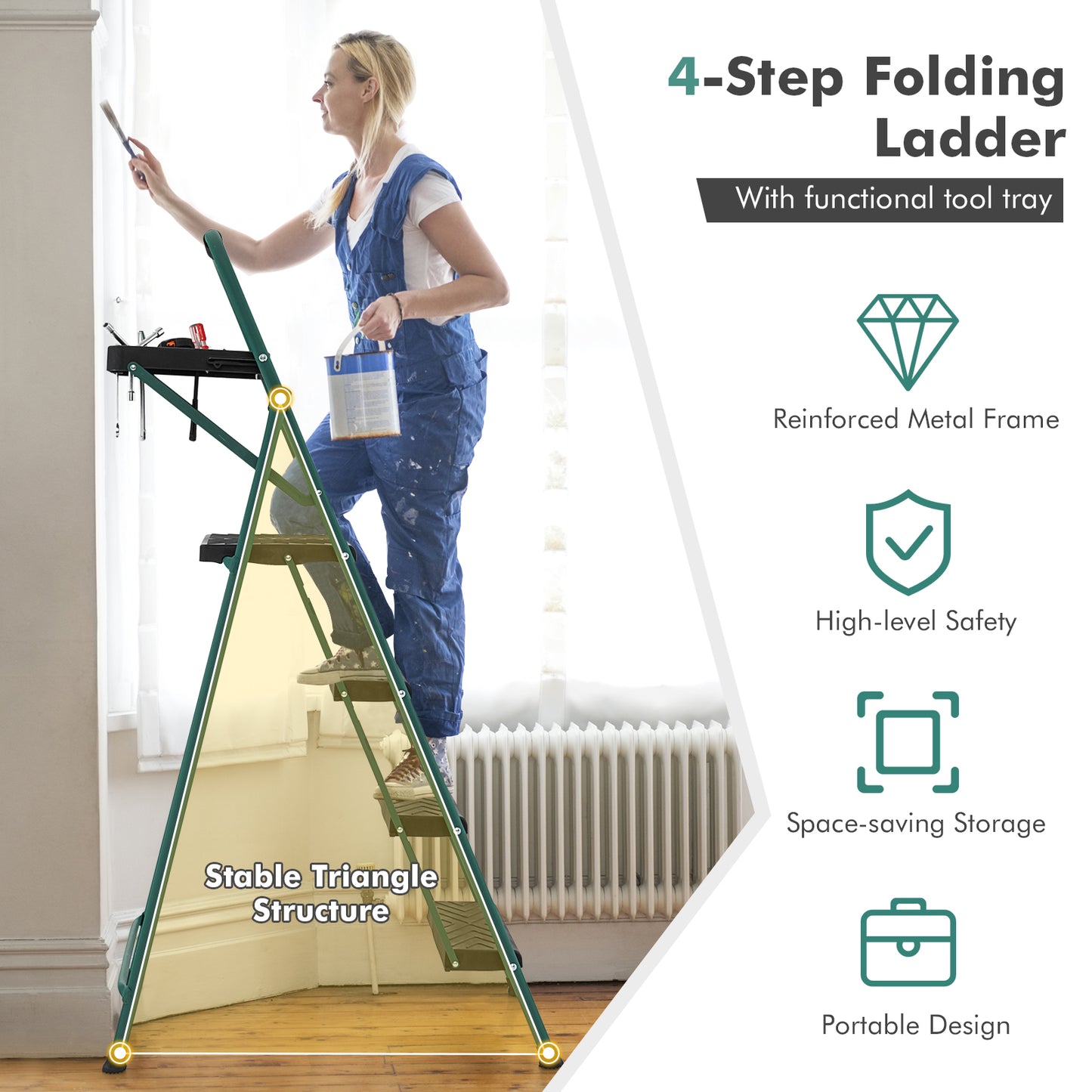 Folding 4-Step Ladder with Tool Tray Non-Slip Footpads and Pedals